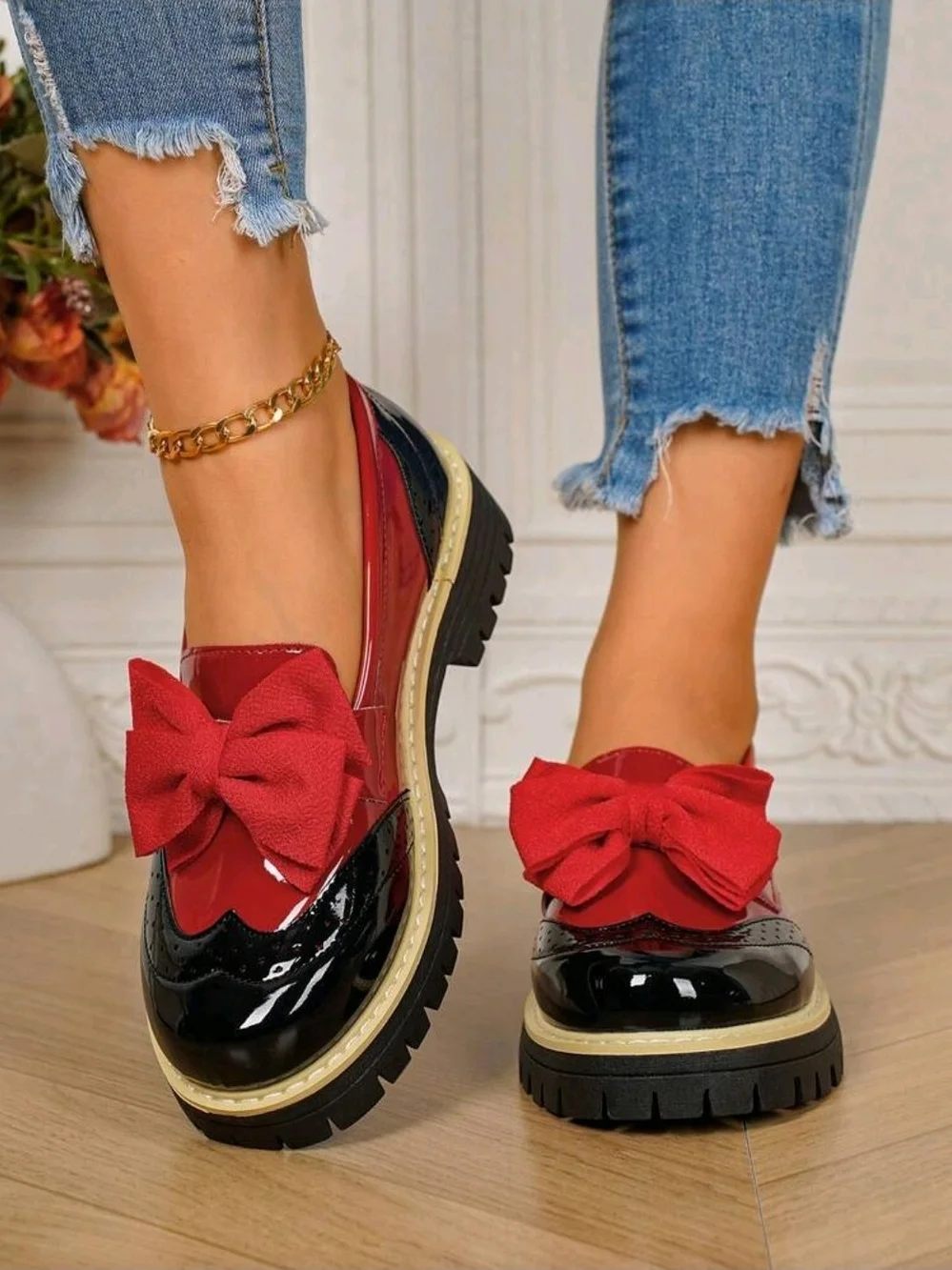 SHEIN Red and Black Patent Bow Platform Loafers